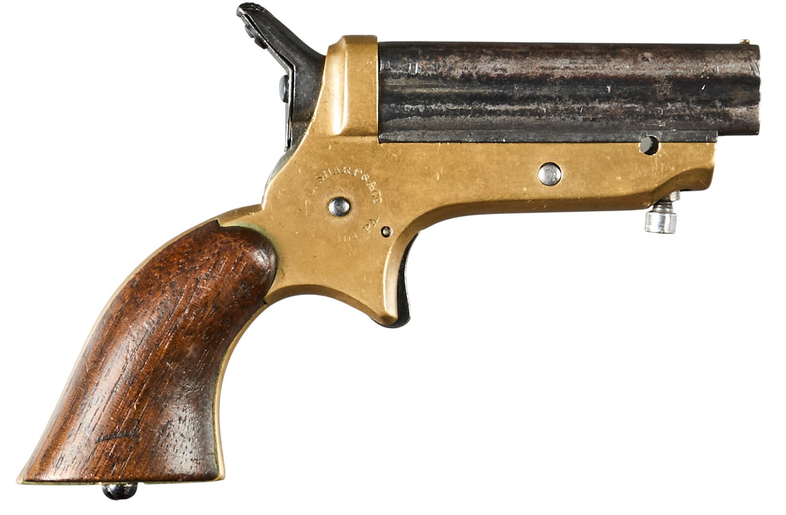 Antique C. Sharps First Model 22 RF Pepperbox Pistol: Serial: 7232 Manufacturer: C. Sharps (c. 1859-1868) Model: First Model Pepperbox Caliber: 22 RF Barrel length: 2.5 in. OAL: 5 in. Condition: Fair-Antique; wood grips have modera