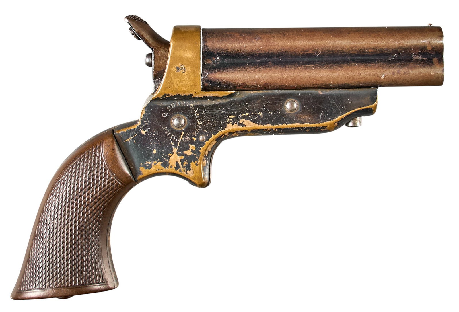 Antique C. Sharps Second Model 30 RF Pepperbox Pistol: Serial: 685 Manufacturer: C. Sharps (c. 1859-1874) Model: Second Model Caliber: 30 RF Barrel length: 3 in. OAL: 5.5 in. Condition: Good-Antique; wood grips have light wear & crisp che