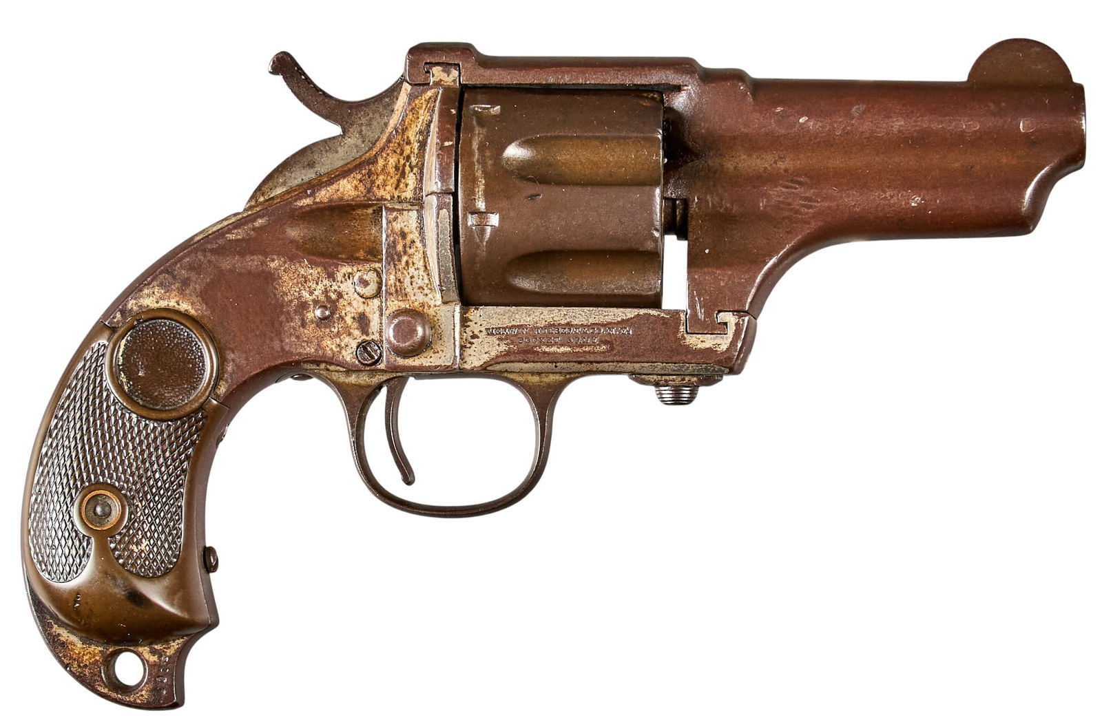 Antique Merwin Hulbert & Co. Pocket Army 44 WCF Revolver: Serial: 5072 Manufacturer: Merwin, Hulbert & Co. - NY Model: Pocket Army (Third Model SA) Caliber: 44 WCF Barrel length: 3.5 in. OAL: 8.5 in. Condition: Fair-Antique; hard rubbe