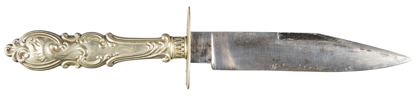 Interesting Repousse Woodhead Sheffield California Gold Rush Knife: Includes: (circa mid 1800s) G. Woodhead - Sheffield, England clip-point knife; etched w/ California Gold Rush panel; silver Repousse handle; German silver crossguard; leather sheath w/ gilt bordering