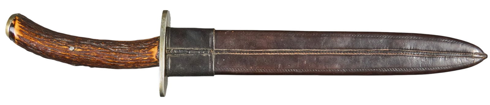 Late 19th Century Bowie Knife by Singleton & Priestman of Sheffield: Includes: (circa late 1800s) Singleton & Priestman - Sheffield, England Bowie; stag handle; German silver crossguard & pommel; leather bound sheath Blade Length: 9.875 in. OAL: 14.625 in