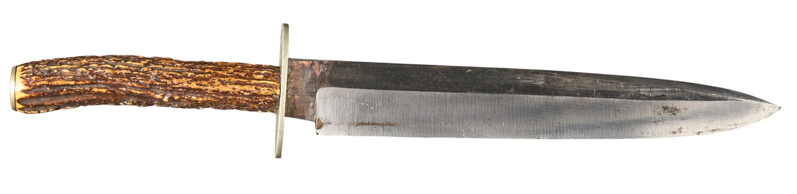 Massive 19th C. Wostenholm & Son I XL "Hunter's Companion" Bowie Knife: Includes: (circa mid-late 1800s) Large George Wostenholm & Son - Washington Works - Sheffield, England I XL The Hunter's Companion Bowie knife; stag handle; German silver crossguard, pommel,&n