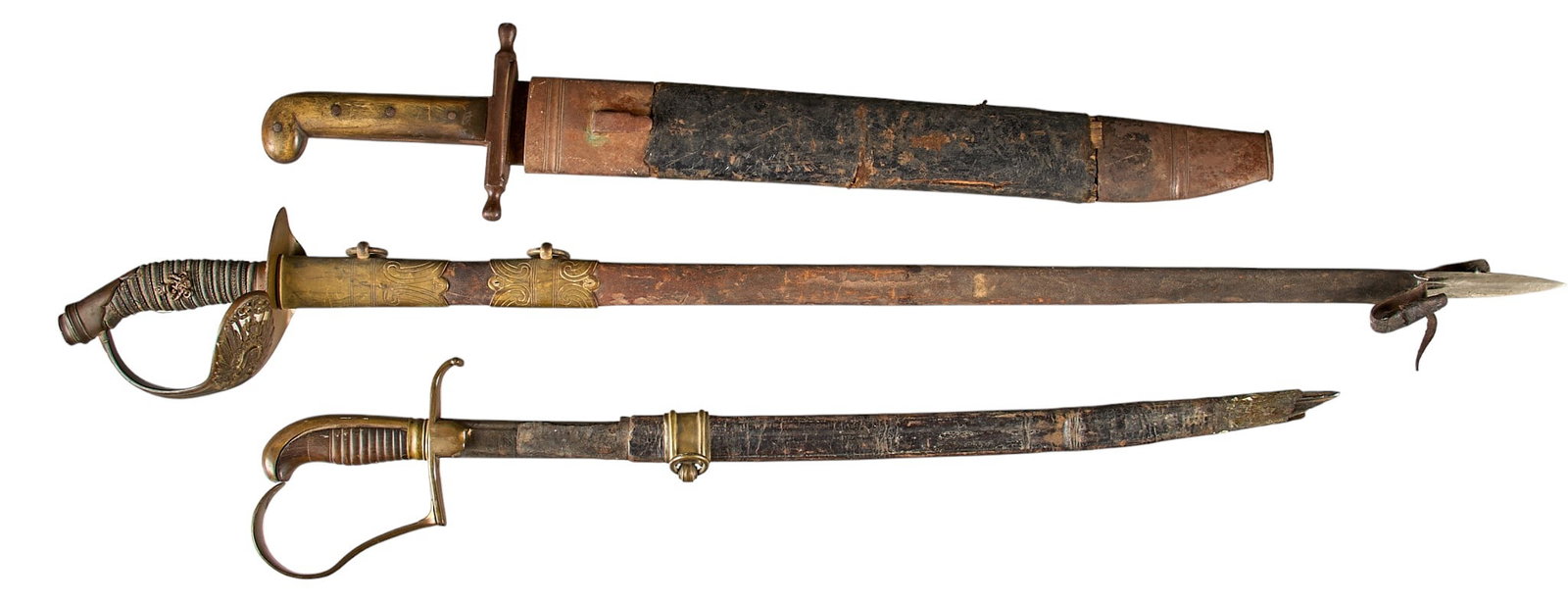 Collection of 3 Prussian & Austrian Swords: Includes: collection of 3 Prussian/Austrian Swords -(1) W.K. & C Prussian M1889 Infantry Officer's dress sword: scabbard tip is missing & ripped open; longest at 39 in. long -(2) Prussian 