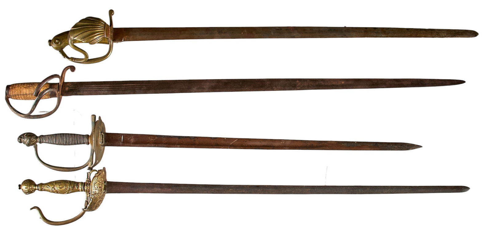 Collection of 4 Antique European Swords: Includes: collection of 4 European swords -(1) French-style naval sword: blade is etched, but illegible; solid brass handle & guard; marked "G.C.No.41" -(2) British 1796 Pattern Geo