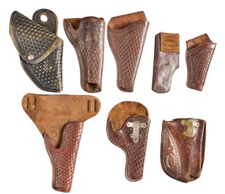 Collection of 8 Basket Weave Tooled Leather Holsters