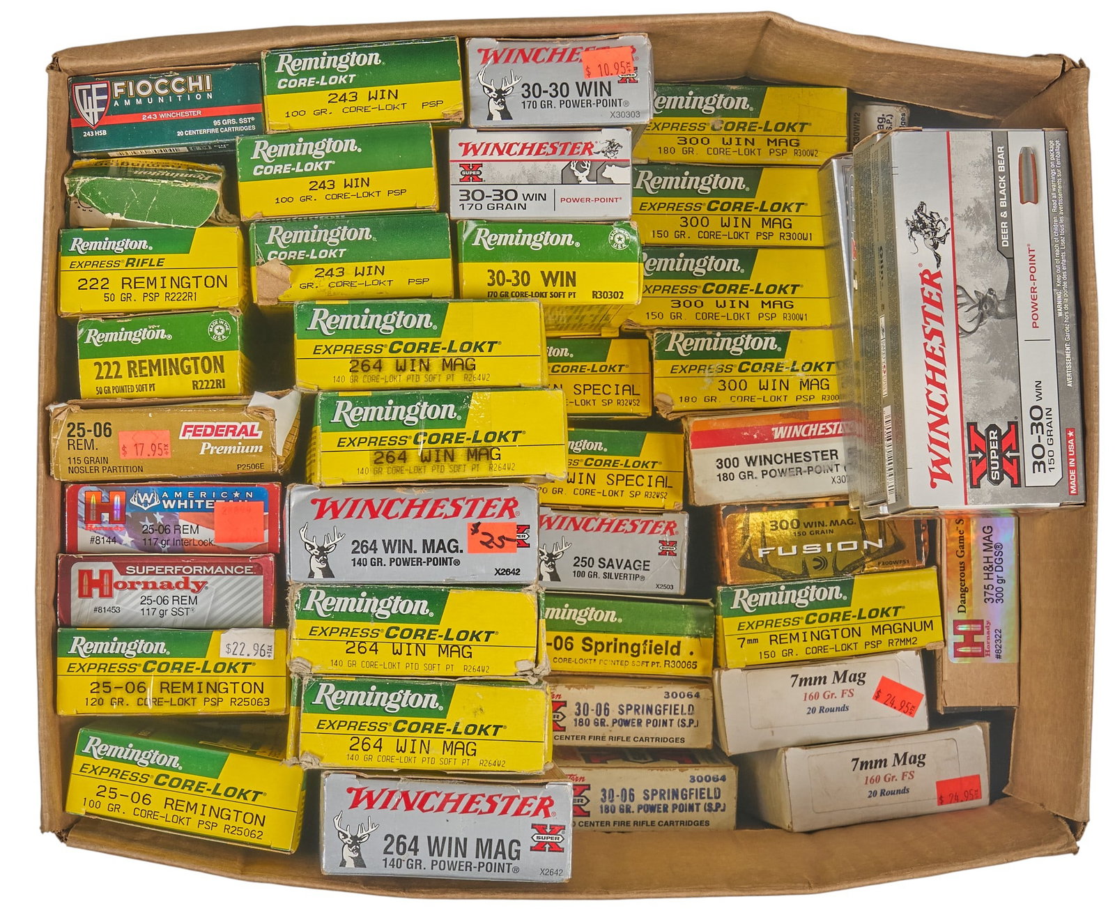Approximately 1000 Rounds of Mixed Rifle Ammunition: Includes -Approx. 60 rounds of 22-250 -Approx. 160 rounds of 25-06 -Approx. 40 rounds of 220 Swift -Approx. 35 rounds of 257 Roberts -Approx. 85 rounds of 270 -Approx. 100 rounds of 32 W