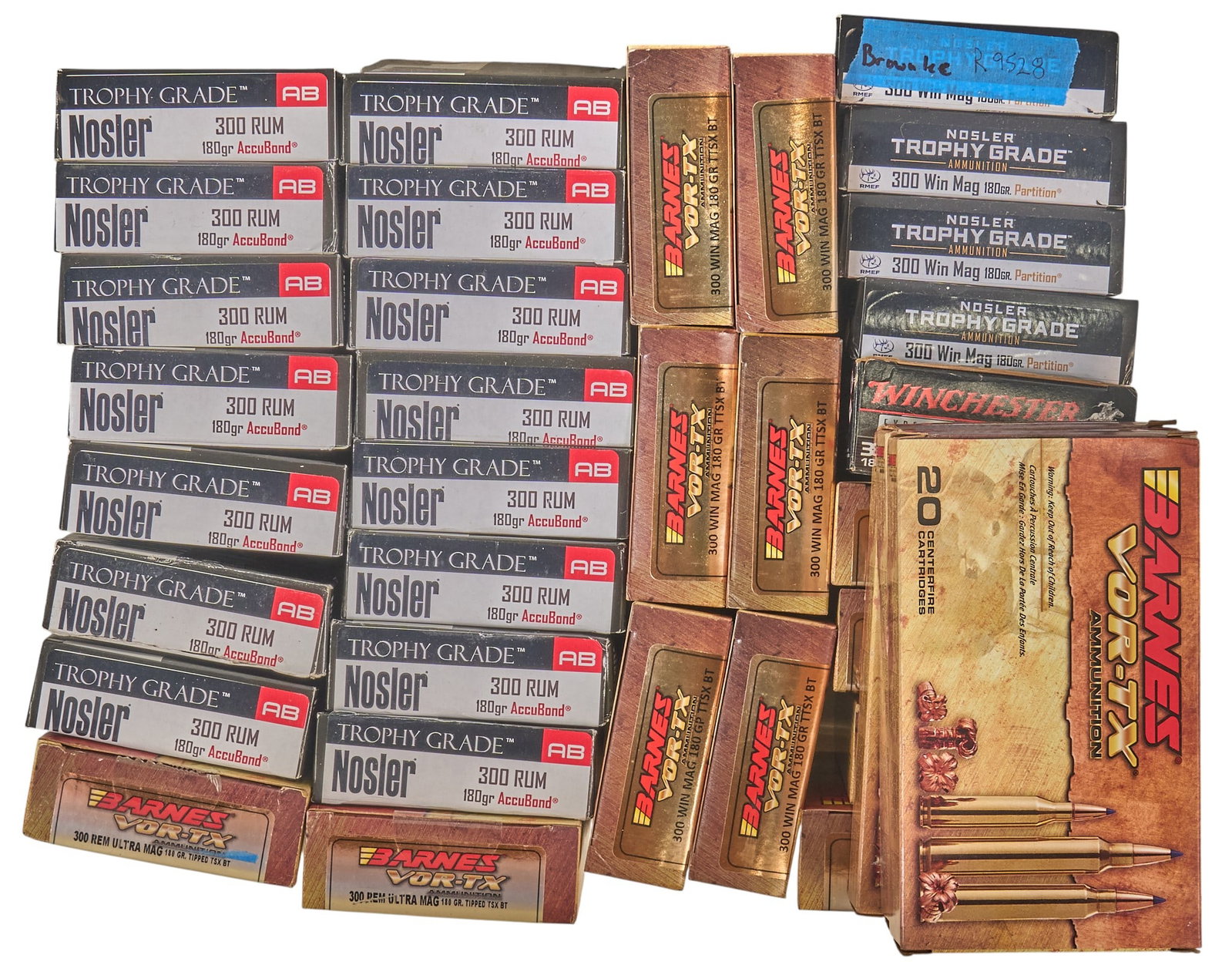 Approx. 700 Rounds of Mixed 300 Win Mag & RUM Ammunition: Includes: -260 rds of Barnes VOR-TX 300 Win Mag 180gr. TTSX BT -100 rds of mixed 300 Win Mag 180gr. -300 rds of Nosler 300 RUM 180gr. AccuBond -40 rds of Barnes VOR-TX 300 RUM 180gr. TTSX BT Prove