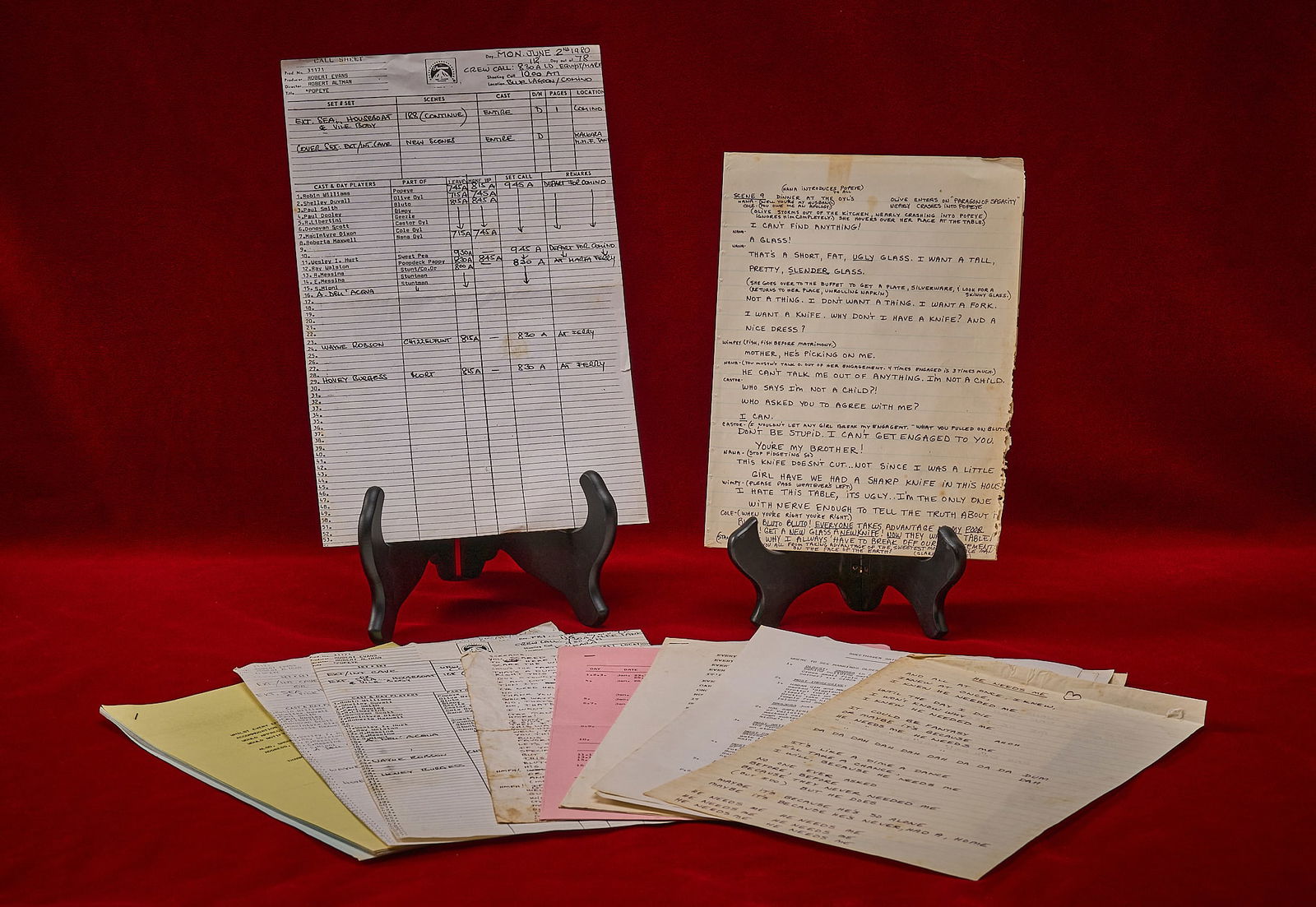 Shelley Duvall | "Popeye" Production Sheets: Collection of production sheets used during the filming of "Popeye" (1980), all used during production of the movie in Malta, including schedules, call sheets, song lyrics, accommodation&nbs