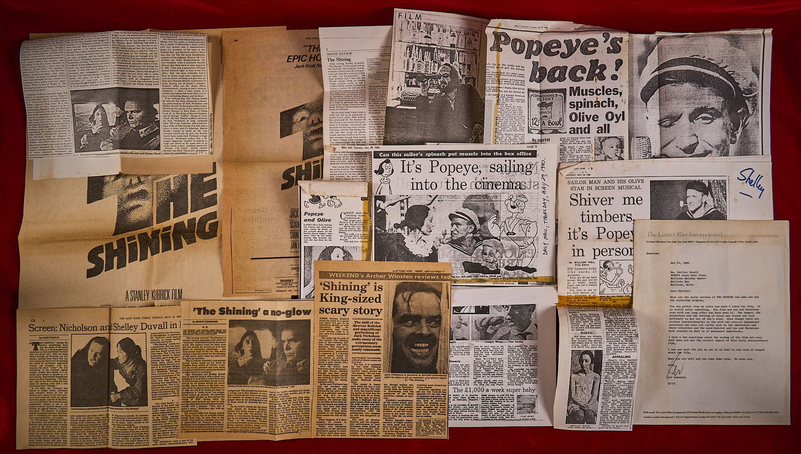 Shelley Duvall | Press Clippings: Shelley Duvall's personal collection of press clippings, including newspaper reviews and advertisements for "The Shining" (1980) and "Popeye" (1980) from various global print p