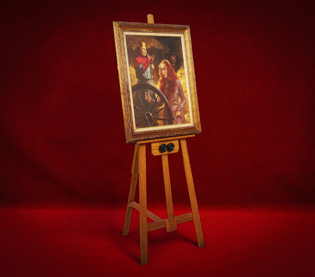 Shelley Duvall | Faerie Tale Theatre Painting: Original oil painting in gilt frame produced by Rob Kuester (signed) for Skidmore Sahratian as the original reference painting for the artwork that would be used on the videocassette box for epis