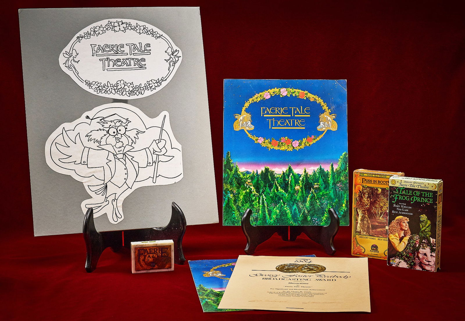 Shelley Duvall | "Faerie Tale Theatre" Memorabilia: Collection of original memorabilia from Shelley Duvall's "Faerie Tale Theatre" (1982-1987) 1) Marble paperweight with gold design on top with "Faerie Tale Theatre" and CBS FOX