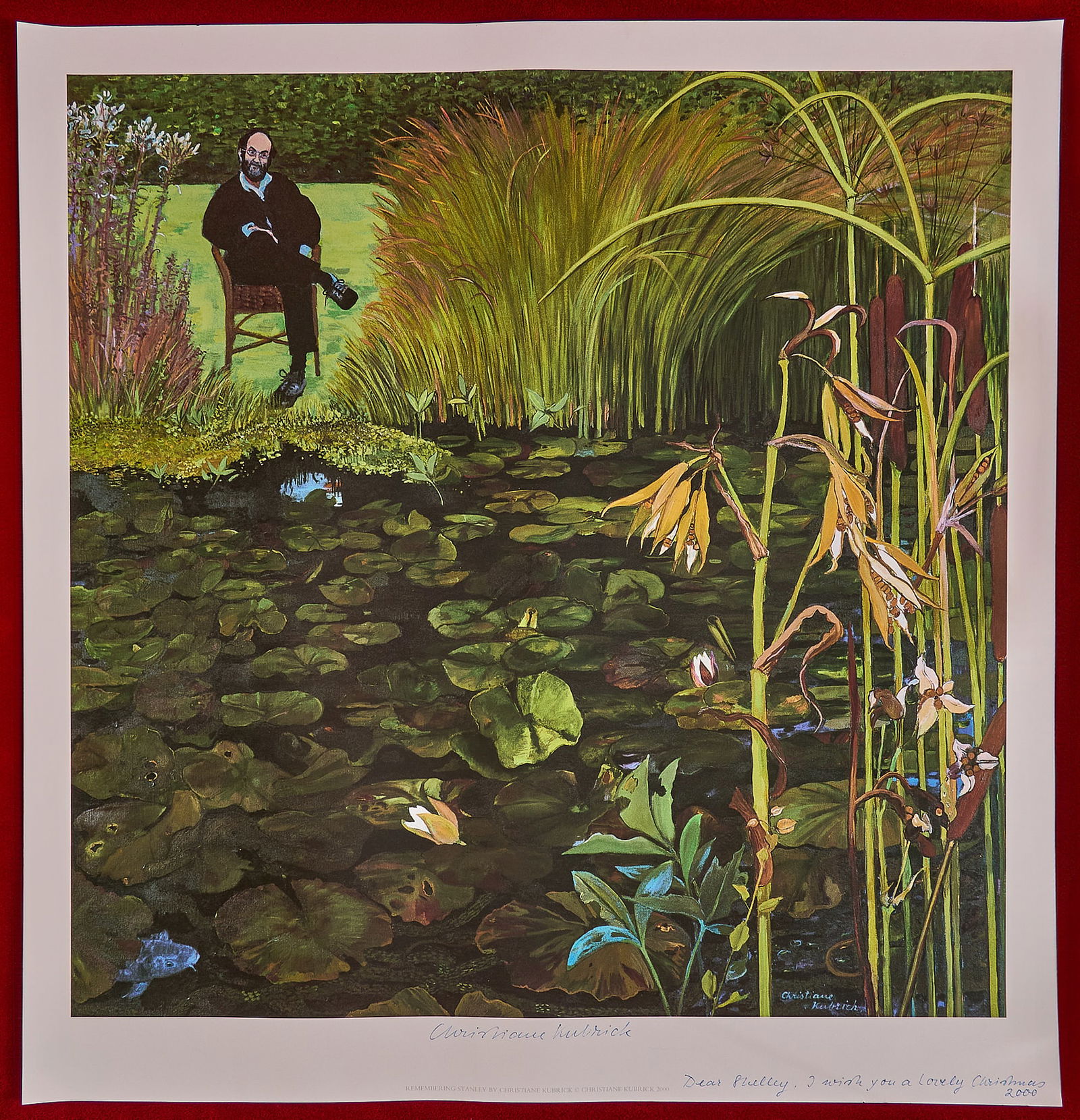 Shelley Duvall | Kubrick Artwork: Color lithographic print titled "Remembering Stanley" by Christiane Kubrick (wife of Stanley Kubrick), depicting filmmaker Stanley Kubrick seated beside a reflective pond surrounded by lilie