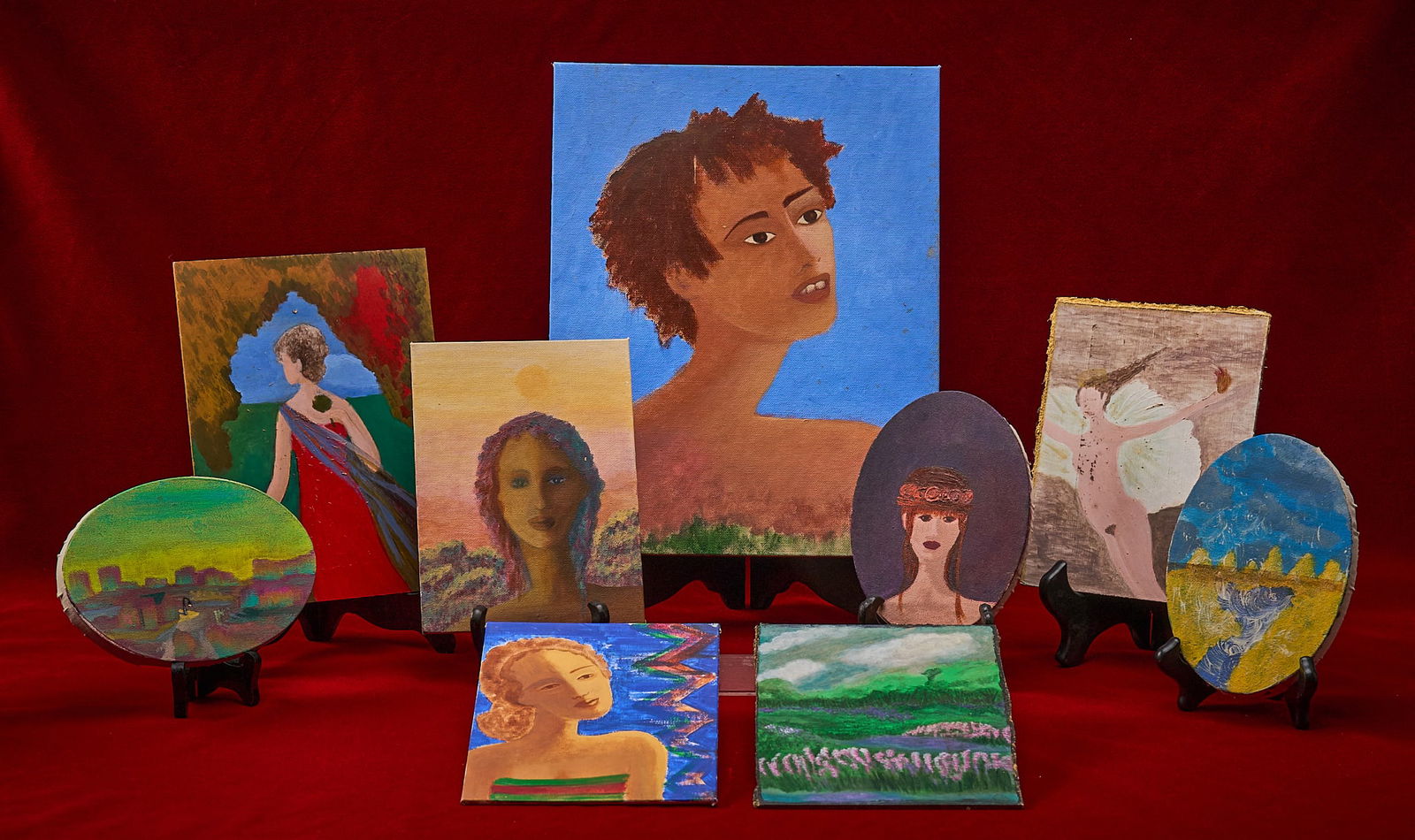 Shelley Duvall | Paintings: Collection of unframed original artworks painted by Shelley Duvall, various sizes and subject matters, including several self portraits, all unframed, some signed largest: 11 in. x 14 in.&nb
