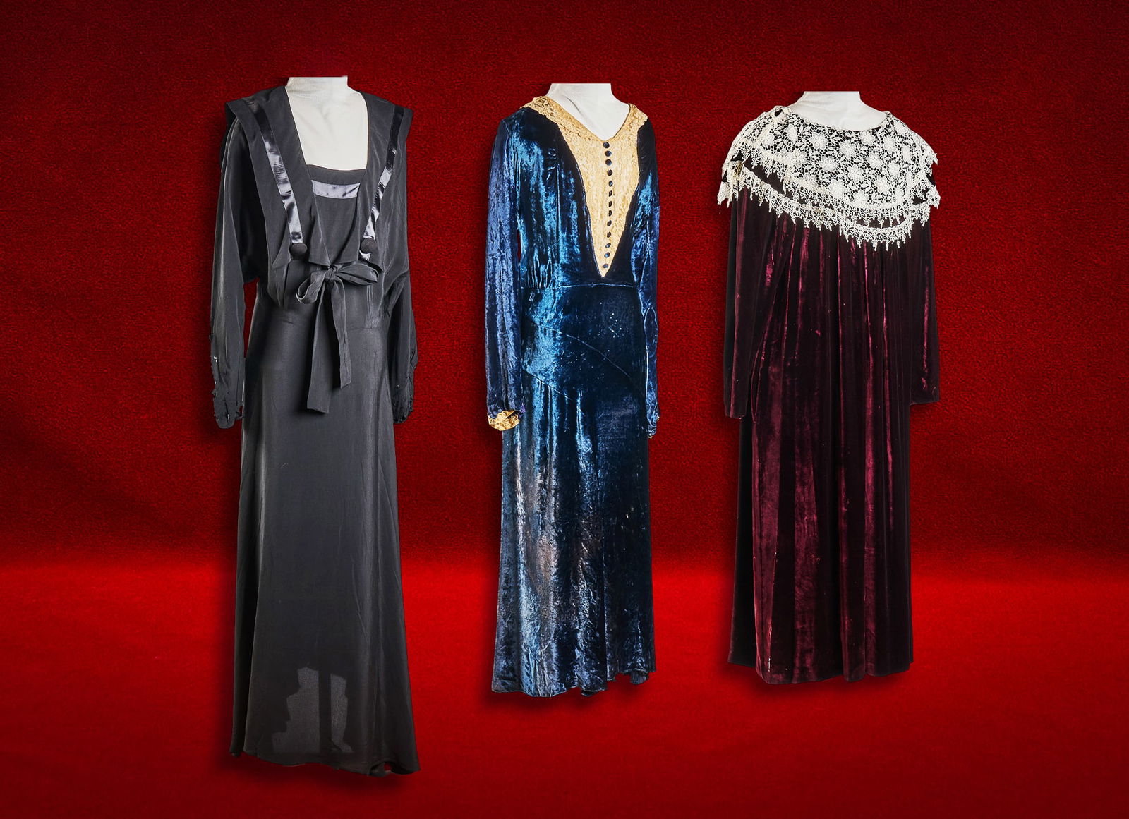 Shelley Duvall | Clothing: Collection of theatrical-style clothing from the personal wardrobe of Shelley Duvall, (3) full-length evening gowns, including a black satin-trimmed cape dress with front tie, a deep blue crushed velv