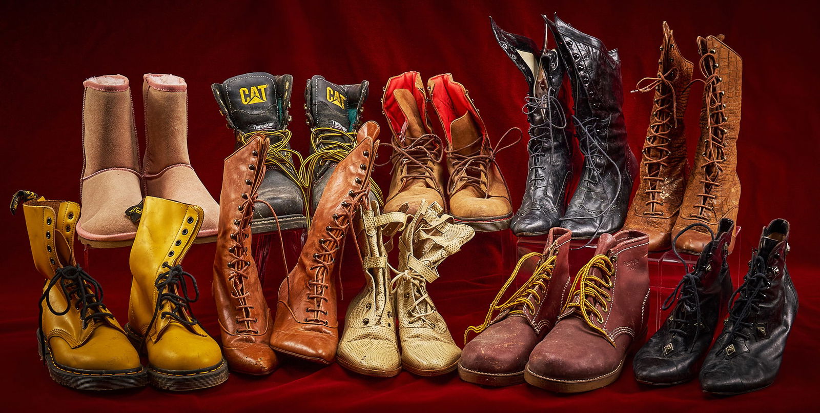 Shelley Duvall | Shoes: Group of ten pairs of assorted boots and other footwear from the personal wardrobe of Shelley Duvall, vintage and contemporary styles, including lace-up Victorian style boots, yellow Dr. Martens comba