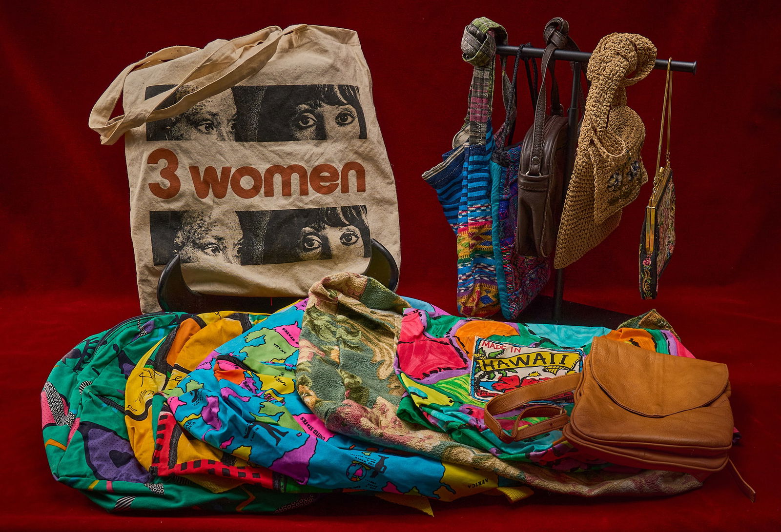 Shelley Duvall | Bags: Collection of Shelley Duvall's bags, various sizes, styles and eras, some acquired during her travels and including a promotional tote bag from "Three Women" (1977) where Duvall starred