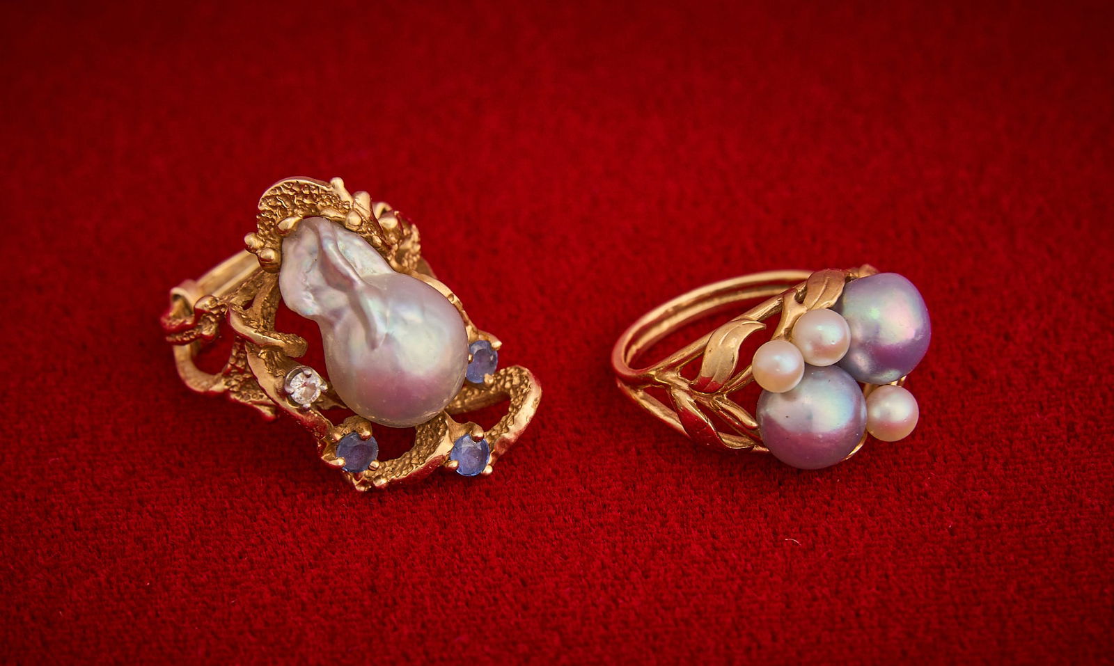 Shelley Duvall | Pearl Rings: Handcrafted 14K yellow gold bohemian style rings, organic design with iridescent pearls, one with large baroque pearl accented by diamonds and set within a sculptural vine mount (size 5.5), the other