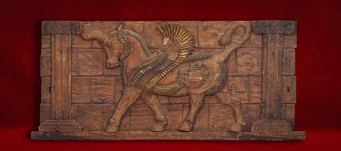 Shelley Duvall | Relief Plaque: Hand carved wooden panel depicting a stylized horse in relief, detailed with gilt-accented harness and decorative elements, rustic and textured primitive carving height 23 in. x width 51 in. x d