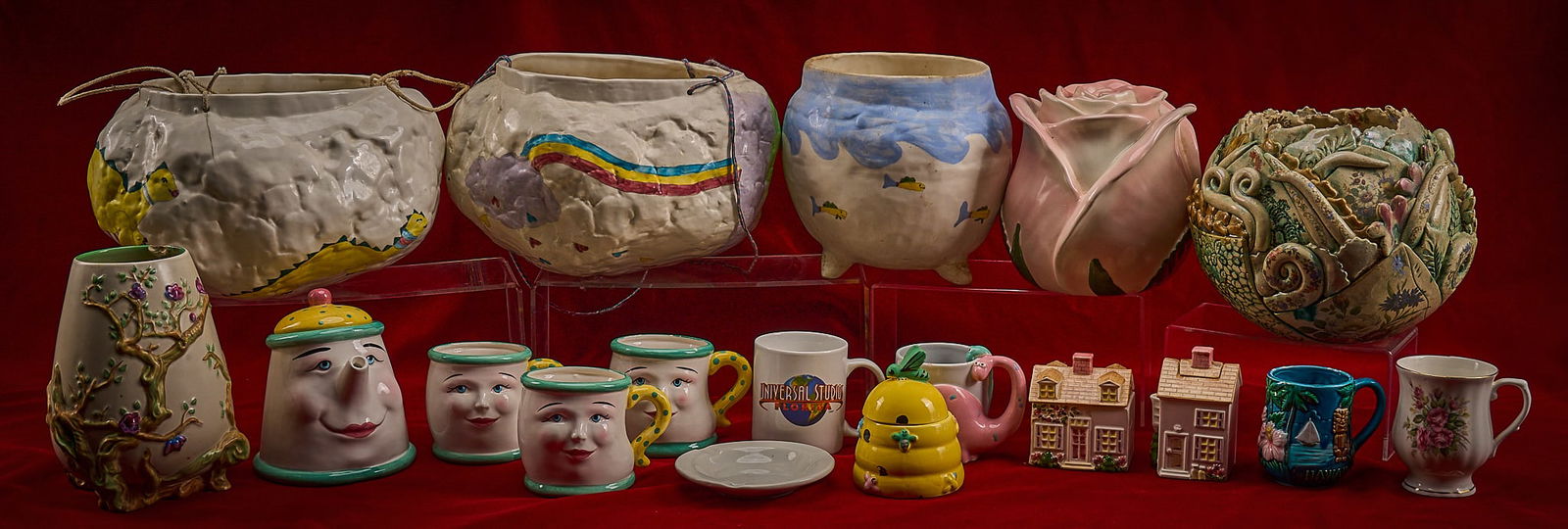 Shelley Duvall | Ceramics: Eclectic collection of decorative ceramics and pottery, including several large hand-painted planters with whimsical motifs, several classic pottery pieces including Clarice Cliff (England), and some