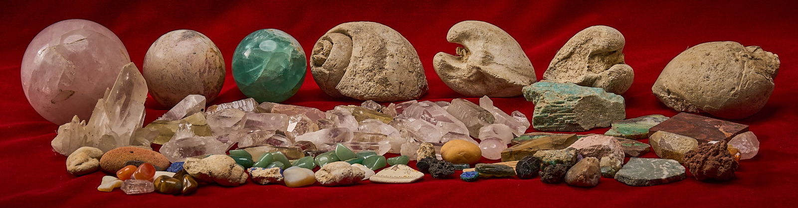 Shelley Duvall | Natural Specimens: Large collection of assorted crystals, gemstones, fossils and mineral specimens including polished crystal spheres, clusters of clear quartz points and fossilized shells and concretions orb: 4 i