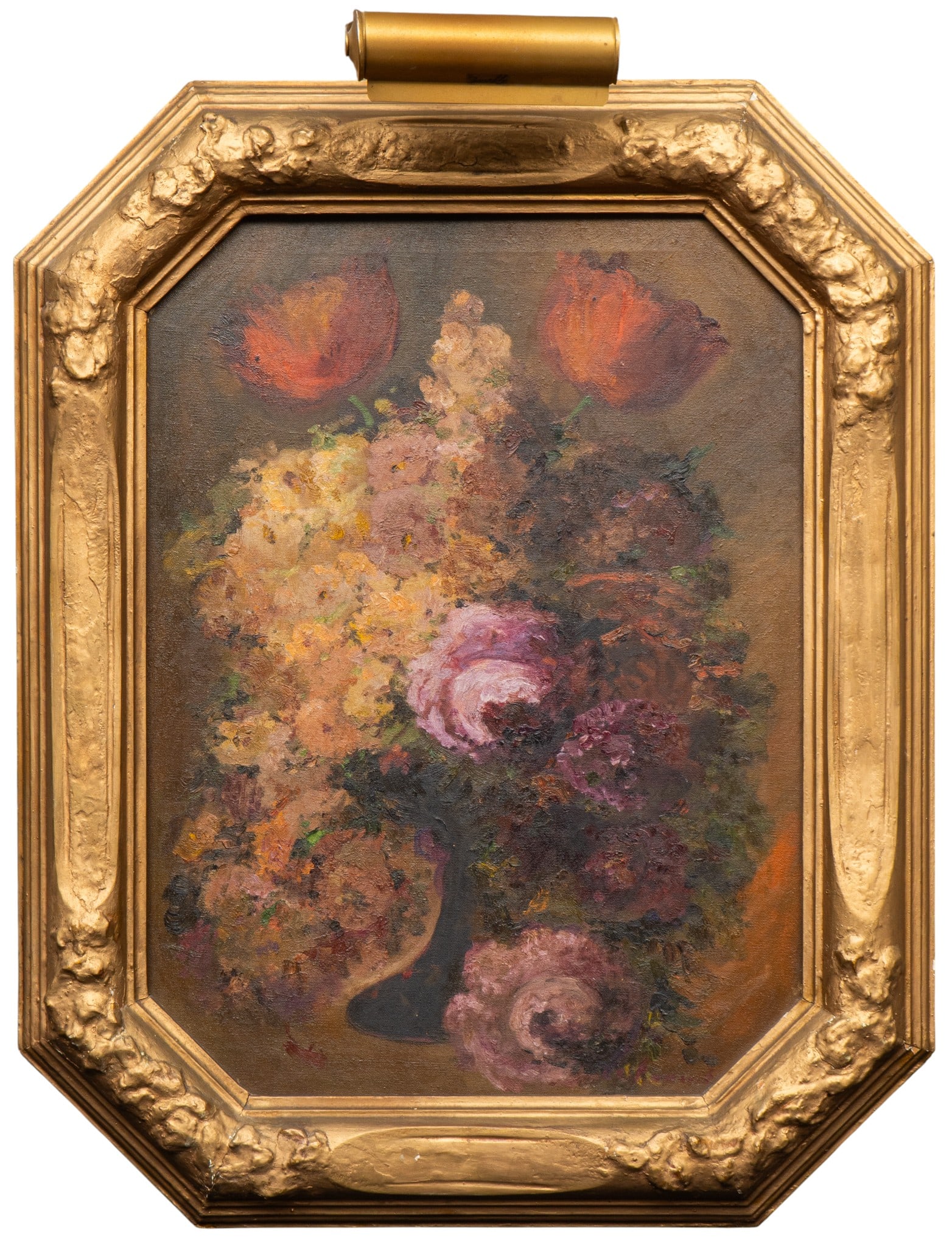Clara Pancoast, Impressionist Style Floral: Clara Caffrey Pancoast (Texas, 1872-1959), floral composition, oil on canvas, in period frame sight: 24 x 18 in., frame: 32.5 x 24.5 in. Provenance: Property from a home in the Alamo Heights nei