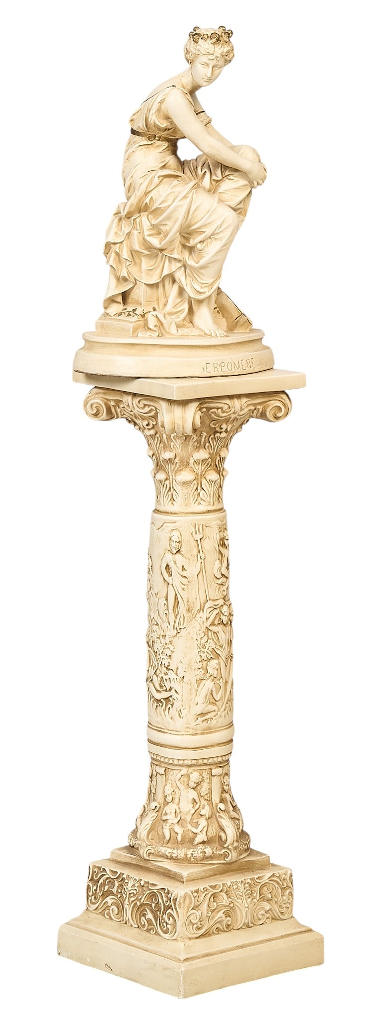 "Serpomene" Antique Sculpture on Pedestal: "Serpomene" antique chalkware sculpture on decorative pedestal height 49 in. x width 12 in. x depth 10 in. Provenance: Property from a home in San Antonio, Texas