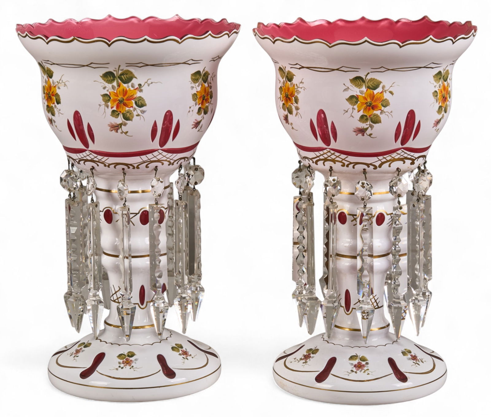 Pair of Bohemian Lusters: Pair of of vintage Bohemian mantle lusters, painted porcelain with crystal pendants height 14 in. x width 8.5 in. x depth 8.5 in. / each Provenance: Property from a home in San Antonio, Texas