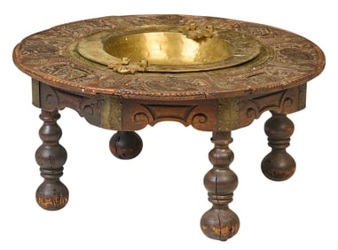 Antique Carved Brazier Table with Brass Bowl