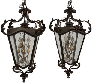 Pair of Wrought Iron Hanging Lanterns