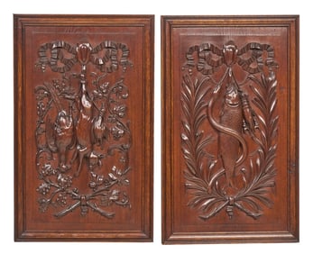 Pair of French Hand-Carved Hunting Lodge Plaques, C. 1800s