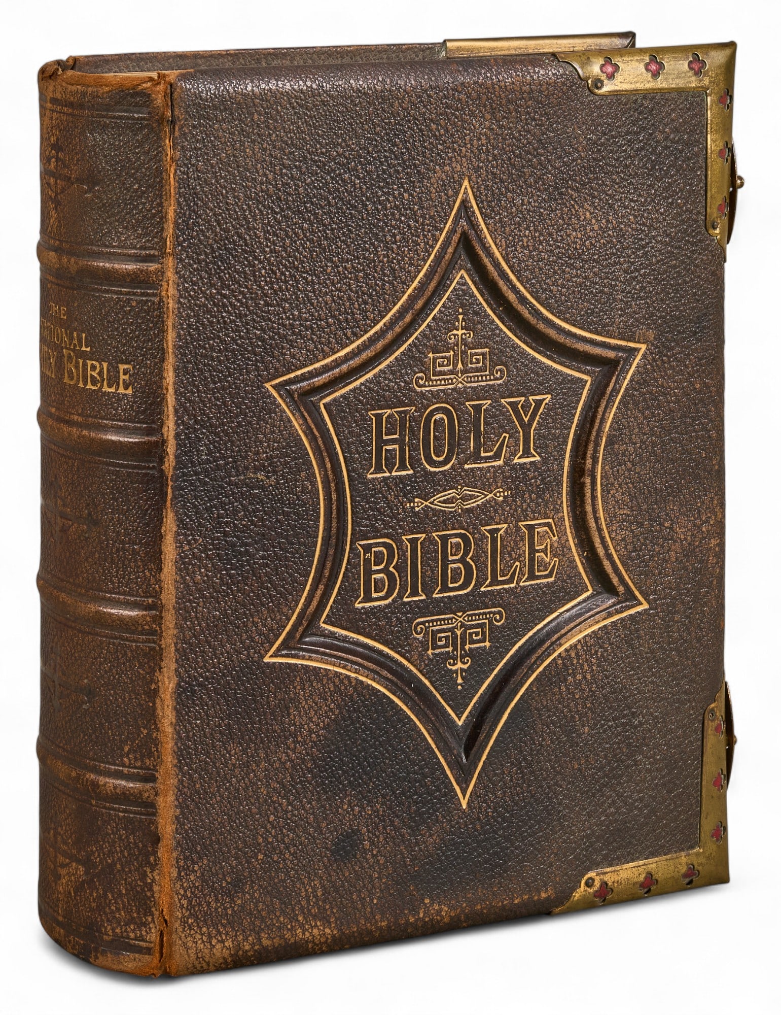 Antique Illustrated National Family Bible: Antique Illustrated National Family Bible, leather bound with gilt lettering and metal corner protectors height 13 in. x width 10.5 in. x depth 4 in. Provenance: Property from a home in San Anto