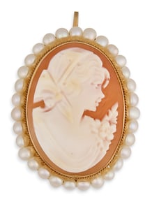 14K Gold Pearl Cameo Brooch