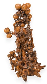 Shou Xing Wood Carving with Peaches and Monkeys