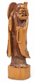 Large Carved Wood Bodhidharma (Daruma) Figure