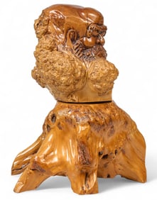 Carved Wood Bodhidharma (Daruma) Bust on Root Stand