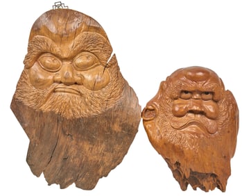 (2) Carved Wood Wall Plaques of Bodhidharma (Daruma)