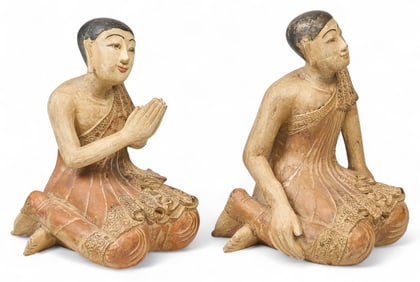 Pair of Carved Wood Thai Male Monks