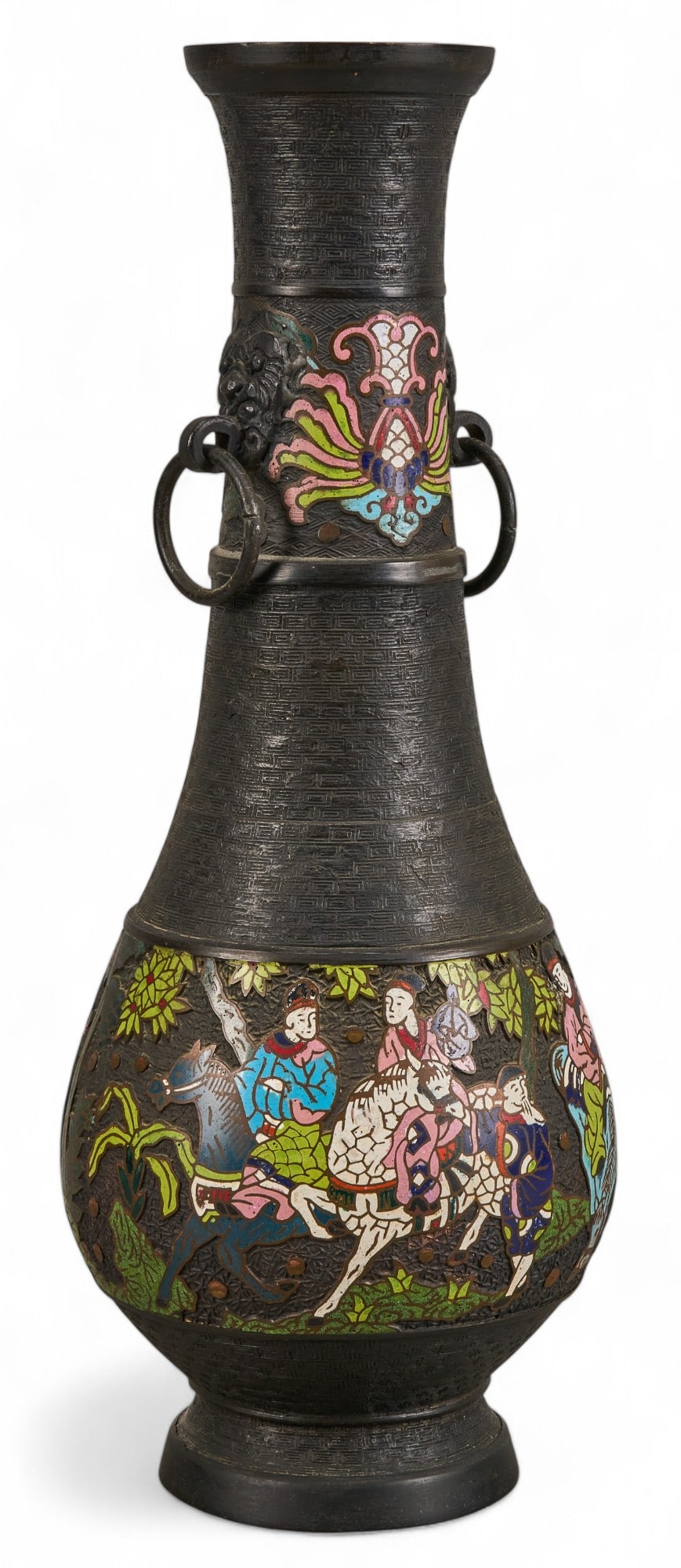Japanese Bronze Cloisonne Vase: Japanese bronze vase with flared neck, applied handles, and a band of cloisonne enamel decoration depicting figures on horseback in a landscape height 20.5 in. x diameter 7.25 in. Provenance: Pro