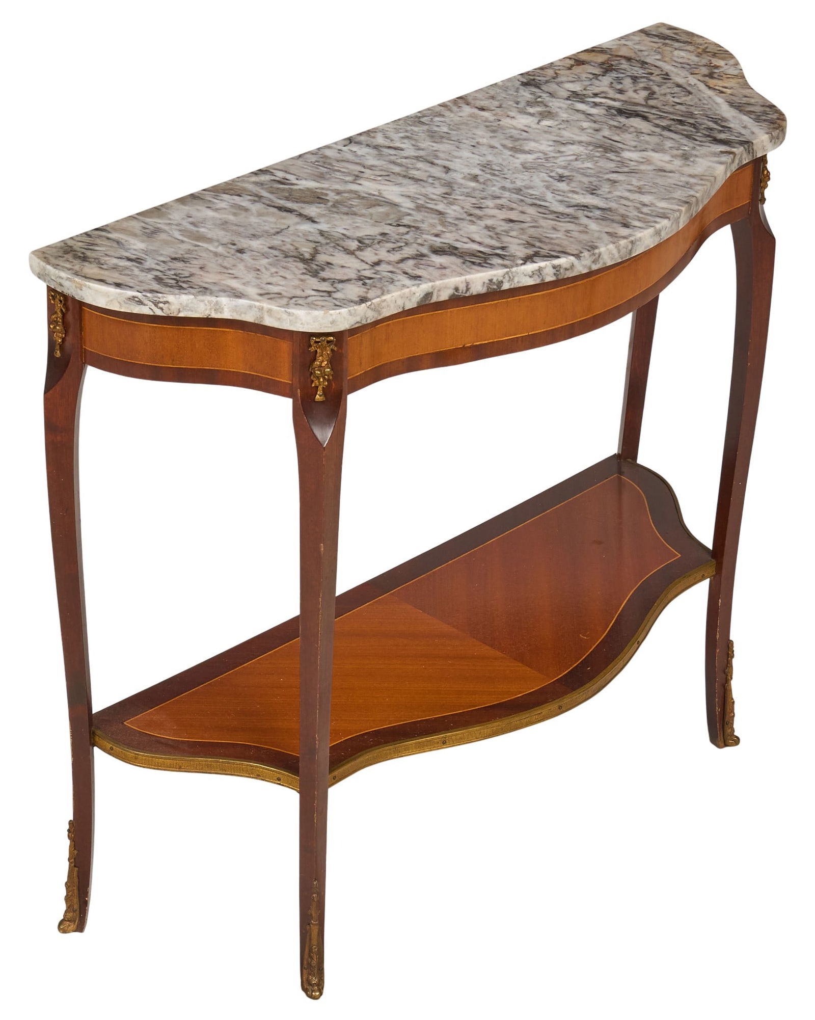 Louis XV Style Console Table: Louis XV style console table with marble top, and decorative inlay, supported on saber legs with decorative mountings height 26 in. x width 31 in. x depth 12.5 in. 