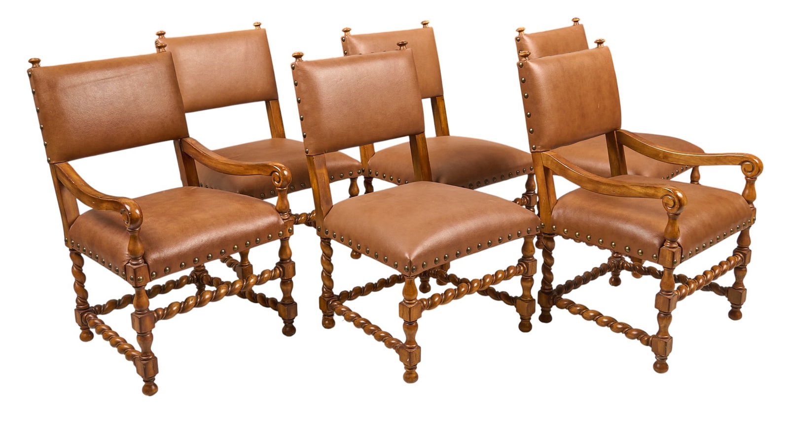 (6) Barley Twist and Leather Chairs: Set of six barley twist dining chairs with pair of armchairs and four side chairs, all with wooden frames and tan leather upholstery with metal rivet trim, circa 21st century height 38.5 in. x w