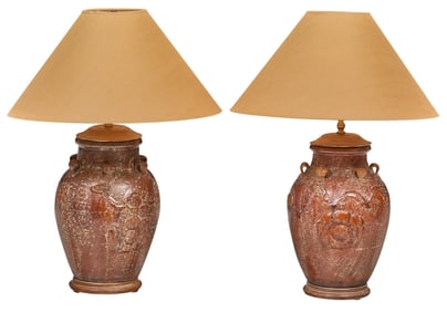 Pair of Carved Pottery Table Lamps