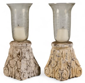 Pair of Carved Wood and Glass Candle Holders