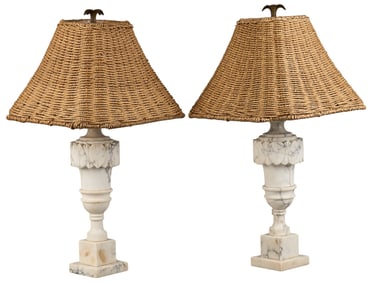Pair of Marble Lamps with Woven Shades