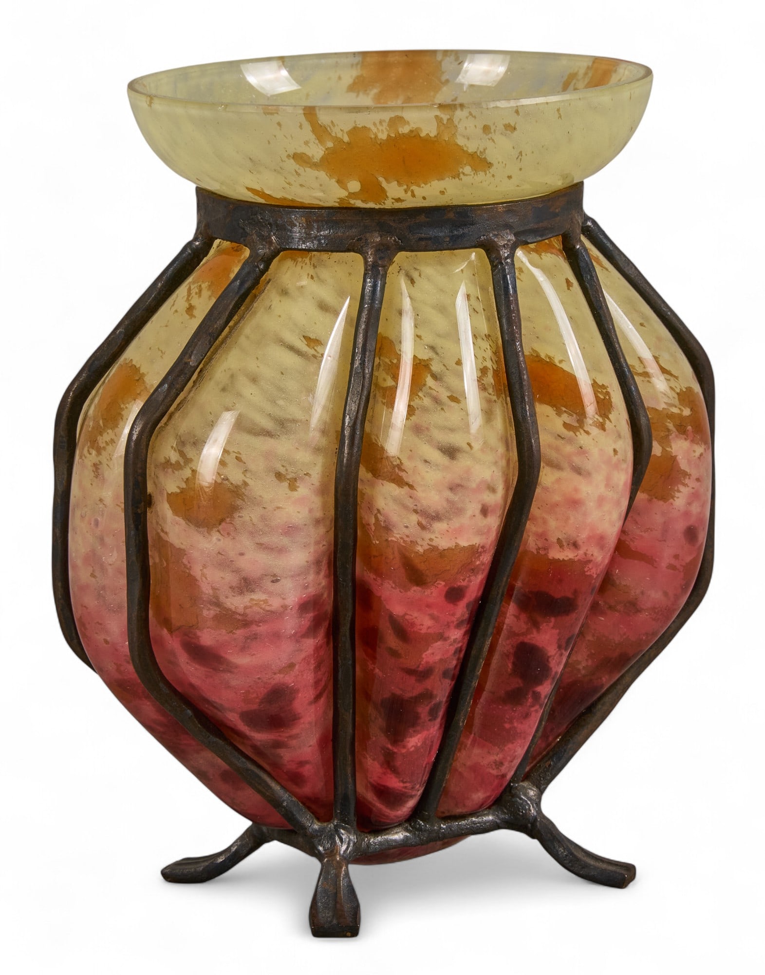 Antique Charles Schneider Art Glass Vase: Antique Charles Schneider (France, 1881-1953) art deco hand-blown art glass vase housed in wrought iron cage, marked "France", circa early 20th century height 7.5 in. x width 6.25 in. x