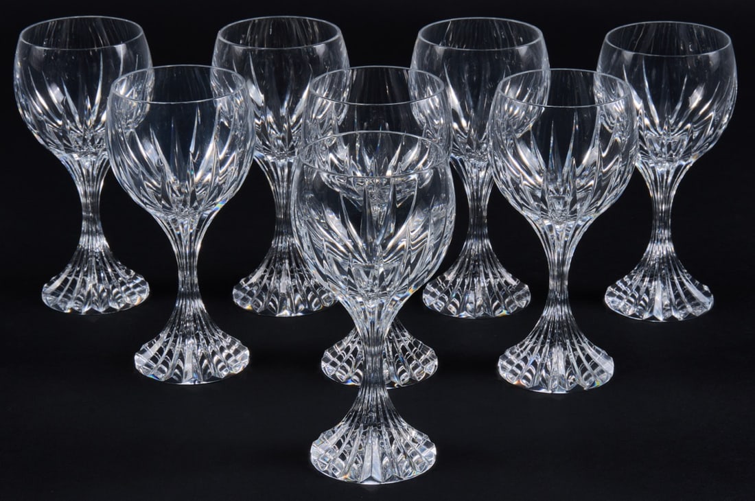 (8) Baccarat Wine Glasses: Set of eight Baccarat "Massena" wine glasses, each marked to base height 6 in. x diameter 3 in. / each Provenance: Property from a home in Boerne, Texas