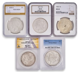 (5) Graded Morgan Silver Dollars