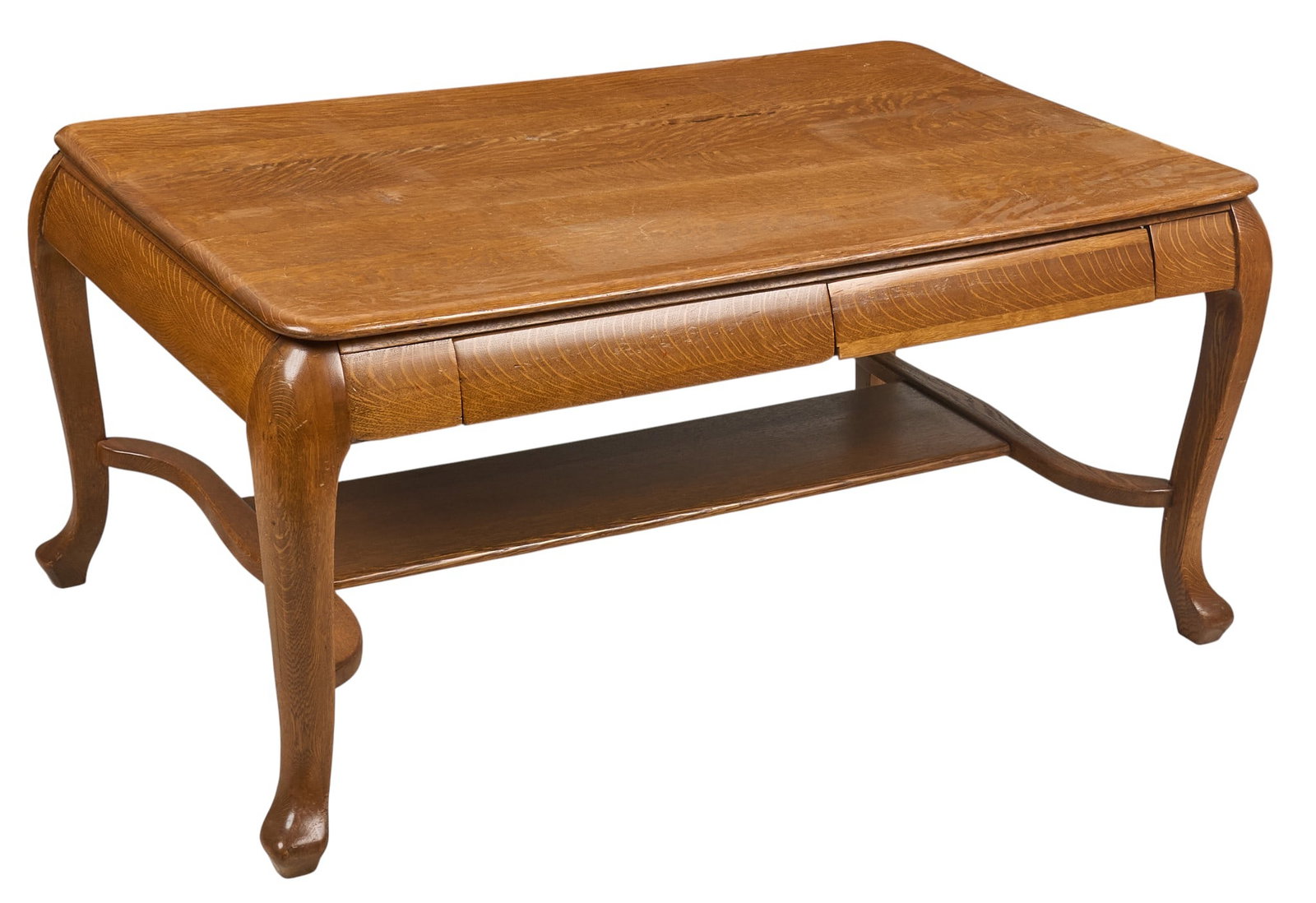 Coffee Table: Wooden coffee table with two drawers, supported on serpentine legs height 28.5 in. x width 62 in. x depth 38 in. Provenance: Property from a home in San Antonio, Texas 