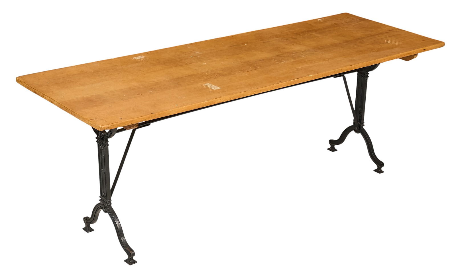 Table: Vintage table with oversized top supported on black iron base height 28.5 in. x width 79 in. x depth 27 in. 