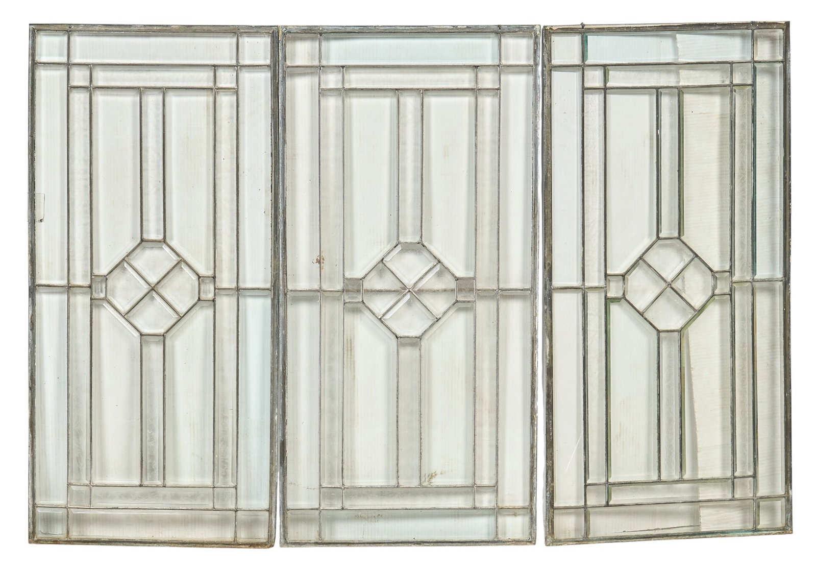 (3) Leaded Glass Panels: Three leaded glass panels with beveled edge pieces height 35 in. x width 16 in. x depth 1 in.