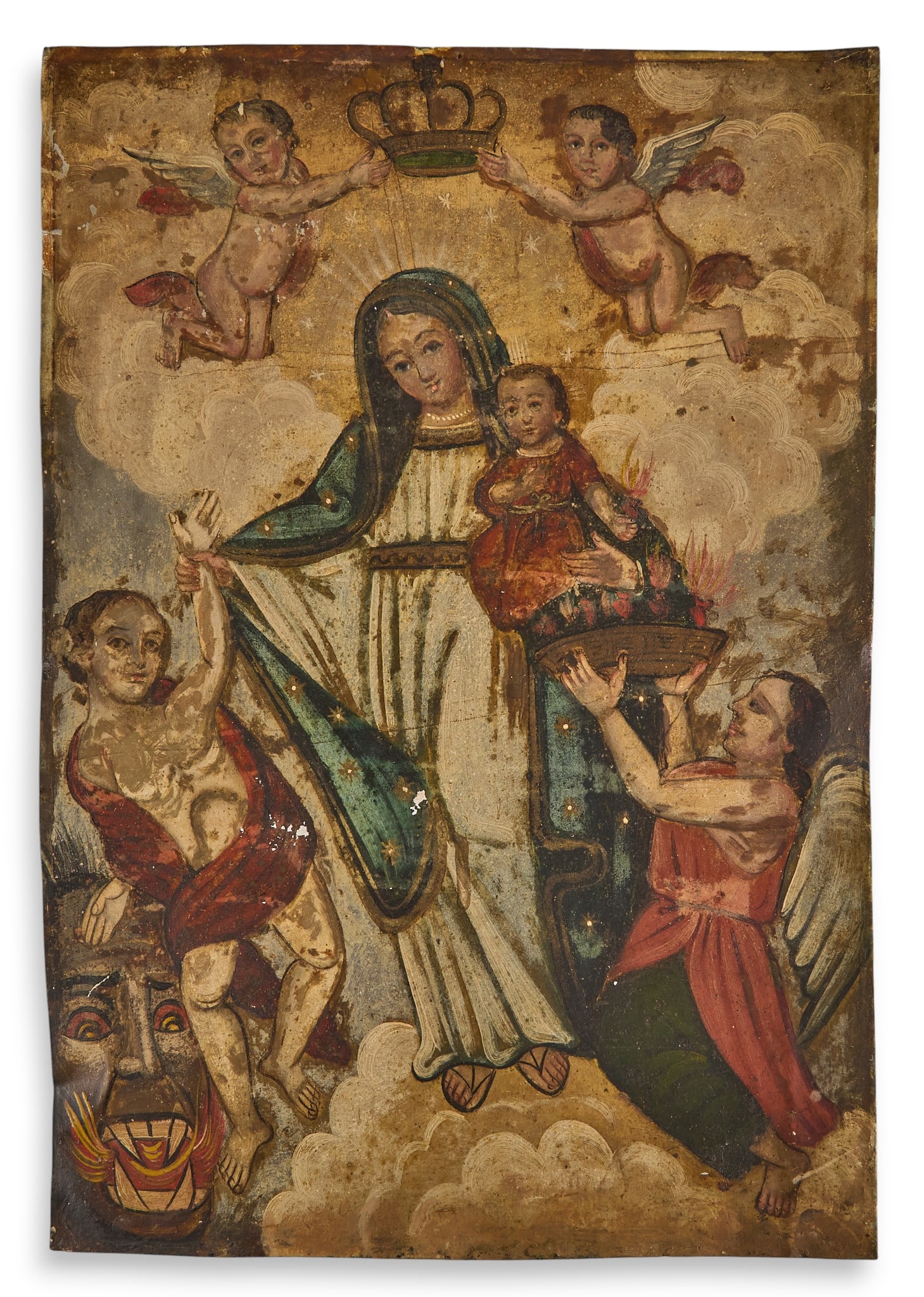 Mexican Retablo, Nuestra Señora de la Luz: Mexican retablo, oil on tin, depicting Nuestra Señora de la Luz (Our Lady of Light), unframed size: 14 x 10 in. Provenance: Property from a home in Uvalde, Texas